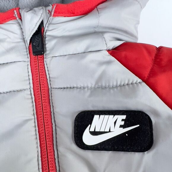 Nike Baby 3 Mo Fleece Lined Full Zip Puffer Snowsuit Atmosphere Gray Red Hooded - Picture 3 of 7